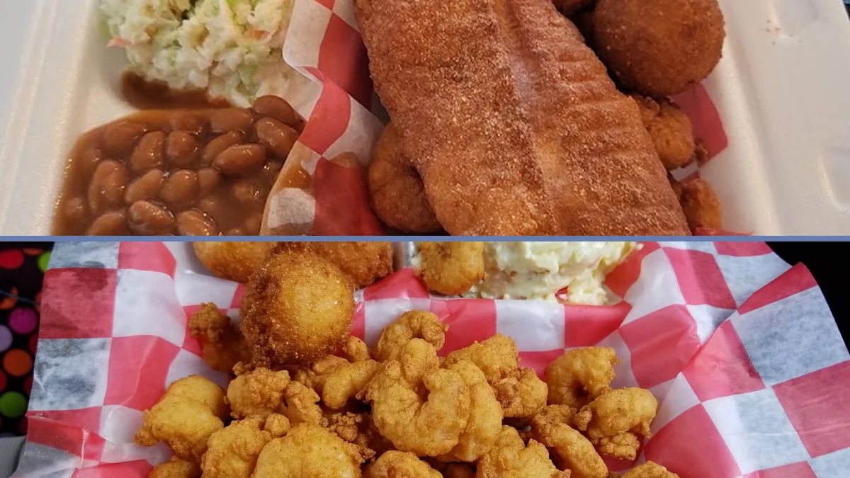 Seafood dinner with hush puppies and sides.