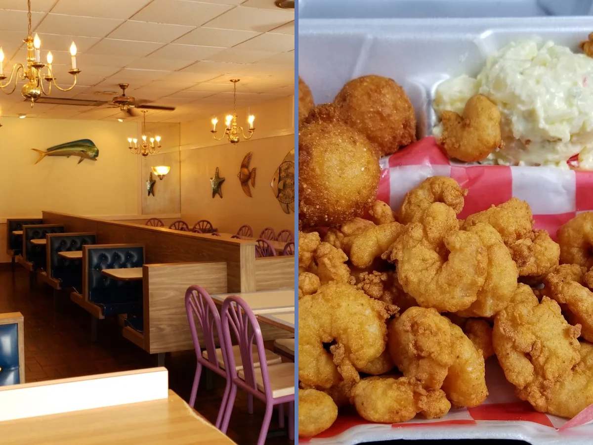 Plated fried seafood beside simple side dishes.